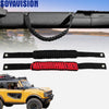 Grab handles for Ford Bronco roll bars showing various black and red strap designs.