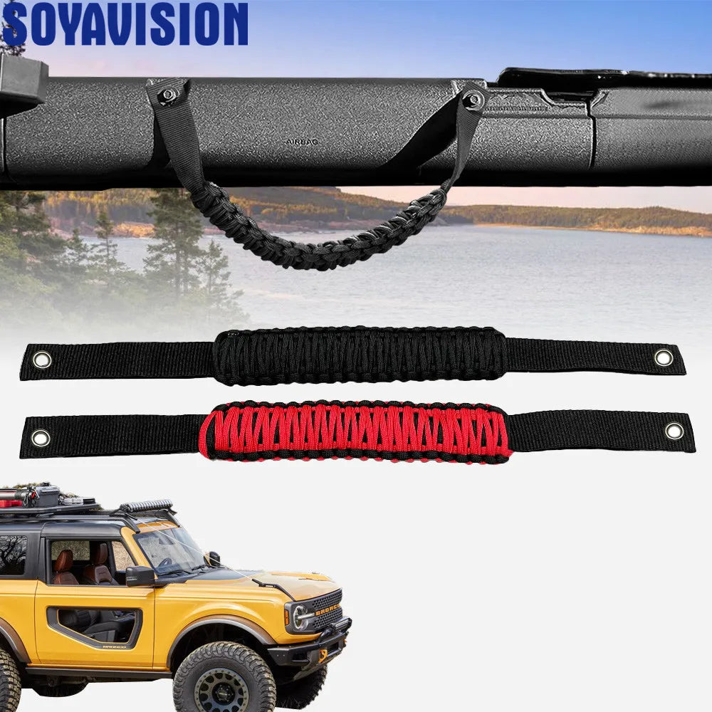 Grab handles for Ford Bronco roll bars showing various black and red strap designs.