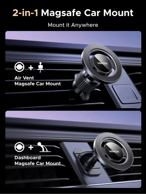 A 2-in-1 Magsafe car mount shown attaching to both an air vent and a dashboard.