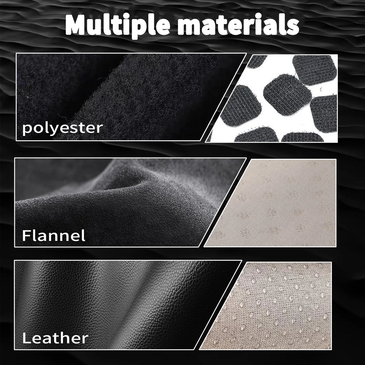 Comparaison de plusieurs matériaux (polyester, flanelle, cuir) pour un tapis protecteur de pare-soleil pour tableau de bord d