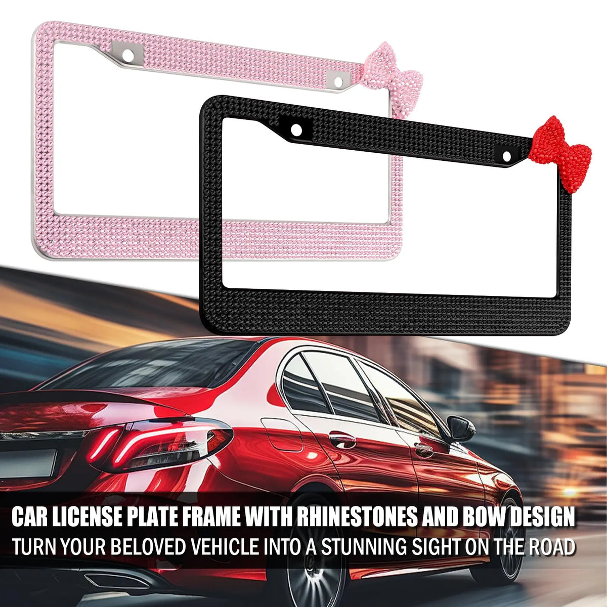 A black license plate frame with a red bow accent shown next to a pink one, set against a blurred car background.