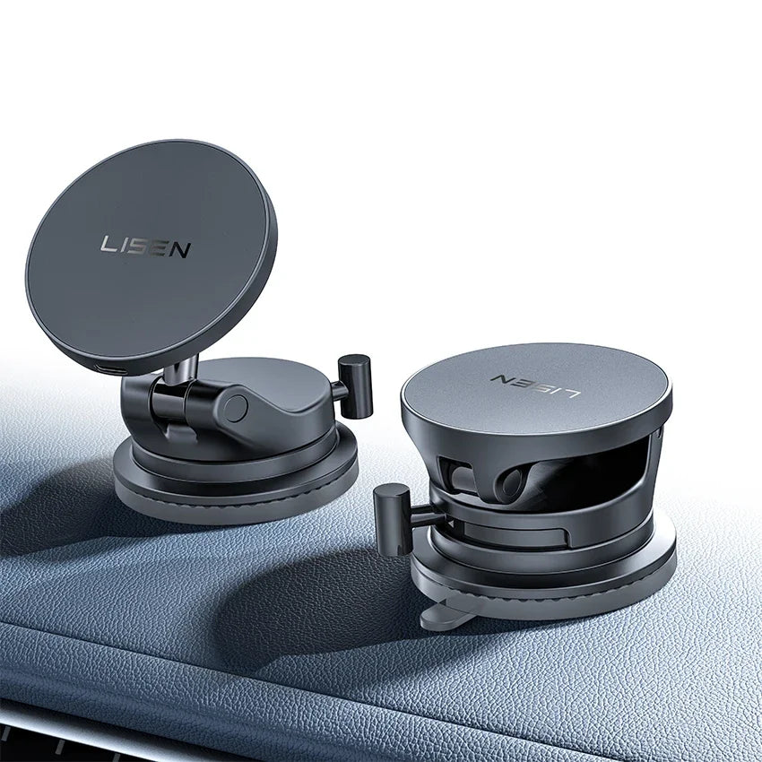 A black MagSafe car wireless charger with a suction mount is shown resting on a blue surface.