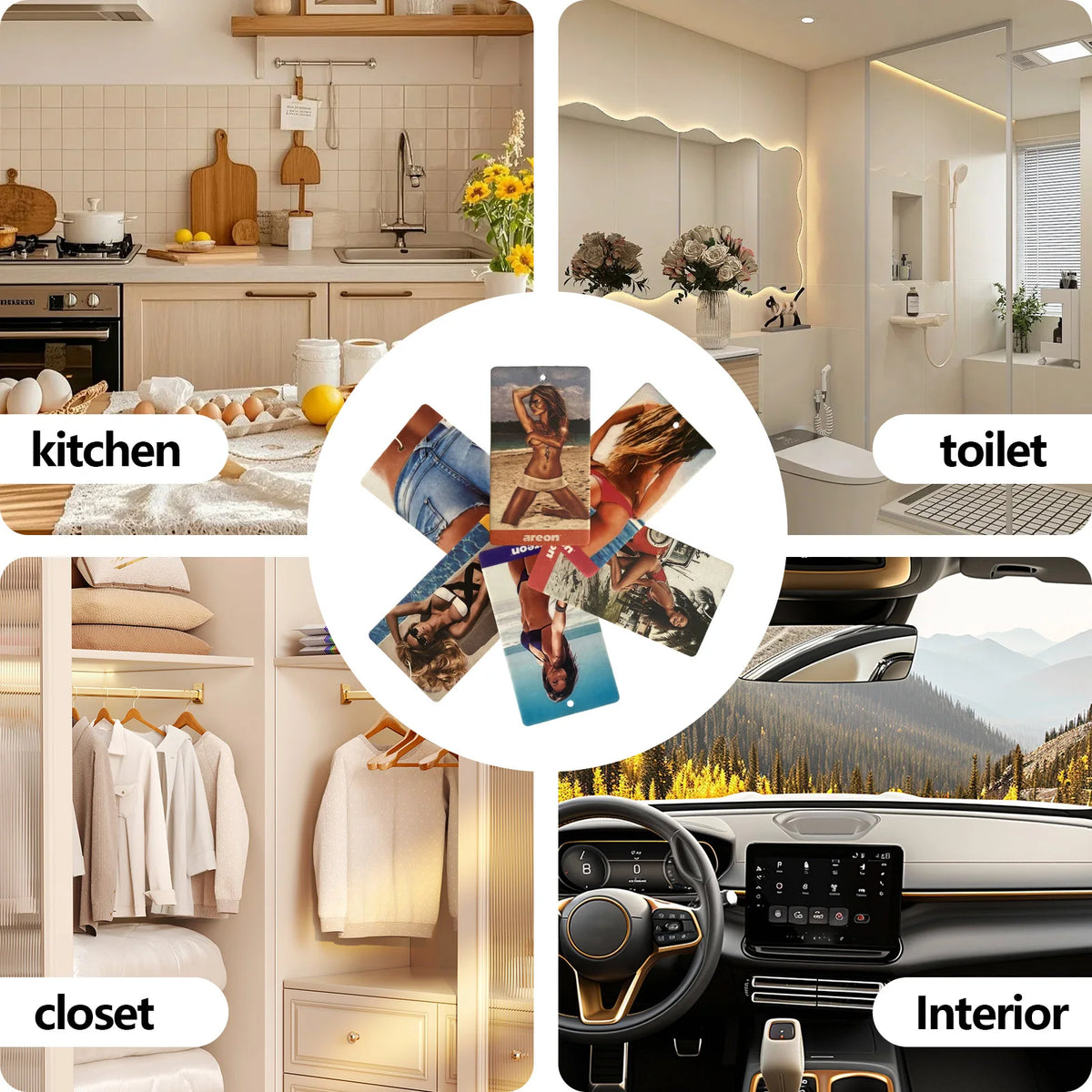 A collage showing a kitchen, toilet, closet, and car interior, with a multi-scent hanging air freshener product.
