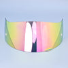 A motorcycle helmet visor with a gradient tint featuring pink and green hues.