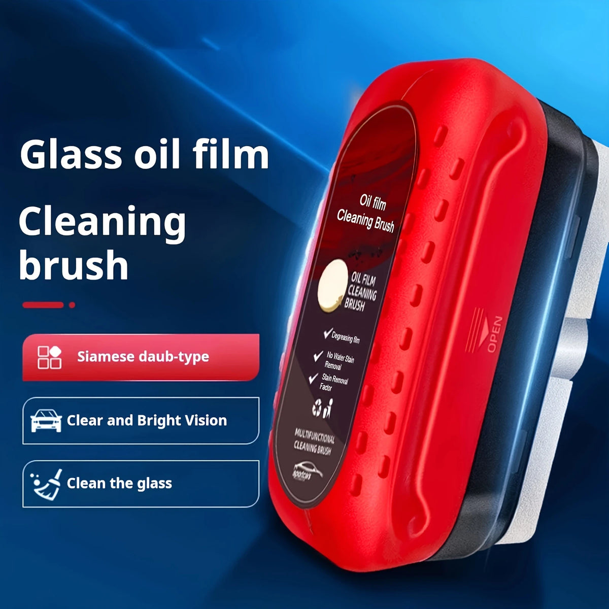 A red and black glass oil film cleaning brush is shown against a blue background.