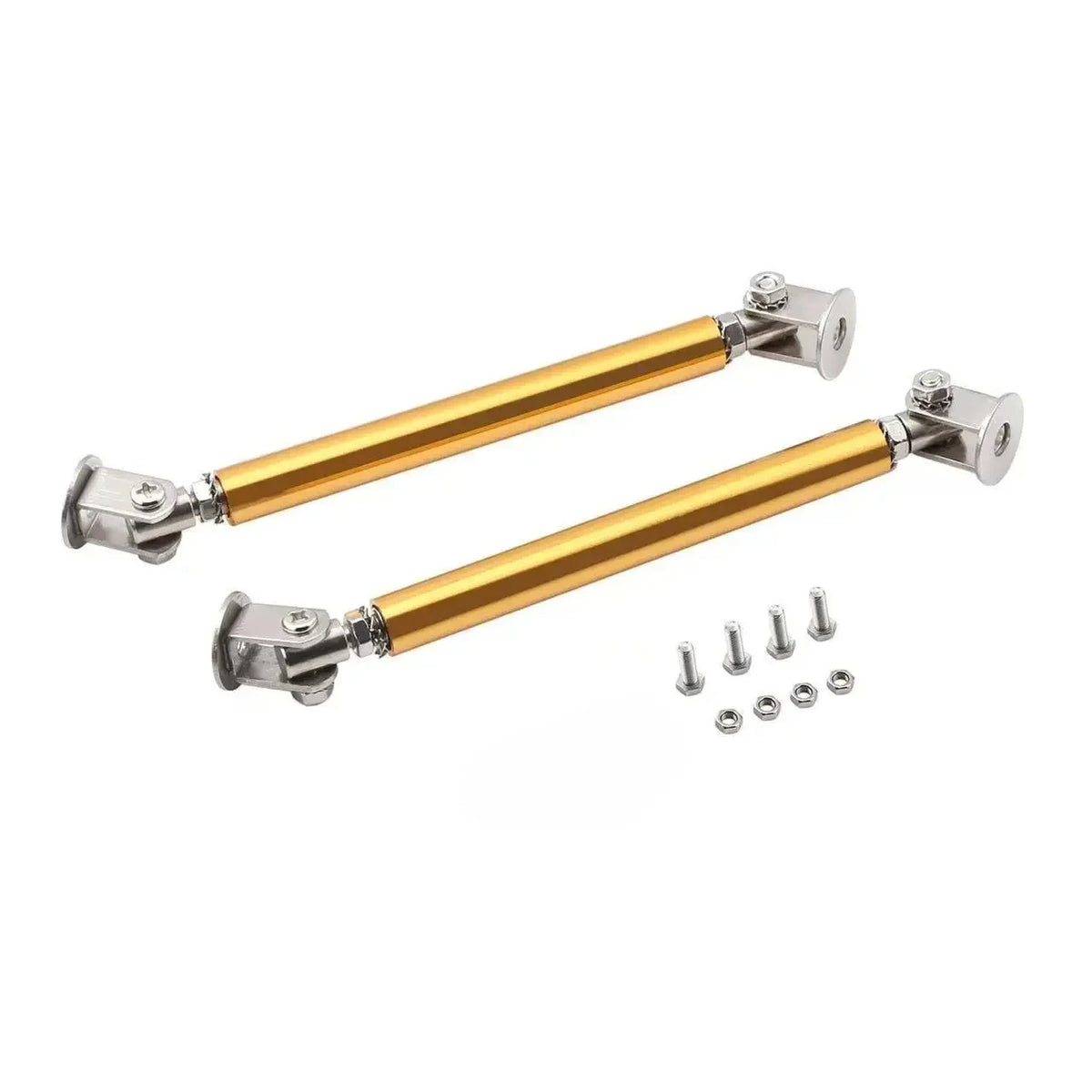 Two gold-colored adjustable bumper lip splitter rods with metal ends and hardware.