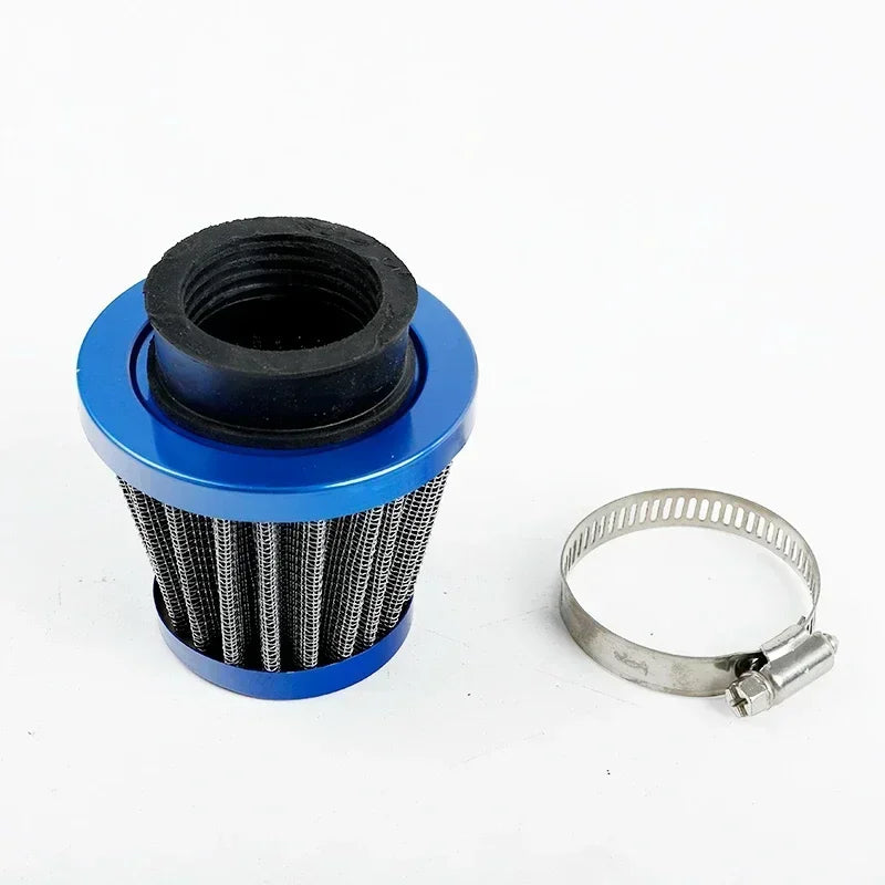 Filtre d'air universel pour moto bleu et noir avec serrage métallique.