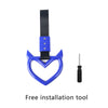 A black strap with a blue hand pull ring and a metal tool for installation.