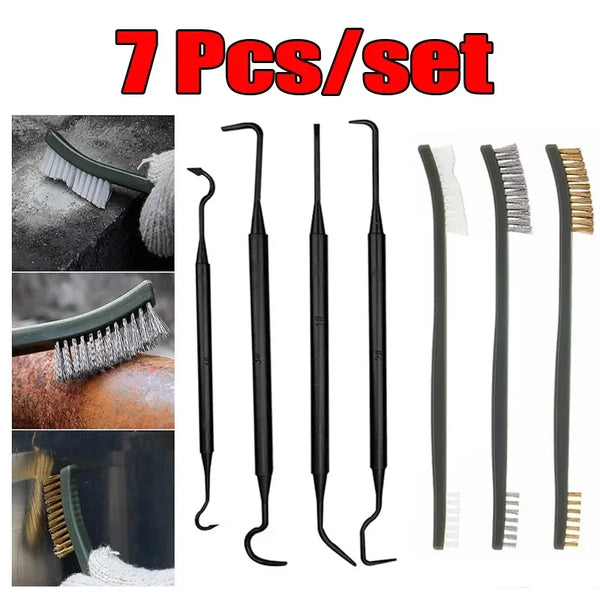 A set of seven black detailing brushes and picks for car cleaning and maintenance.