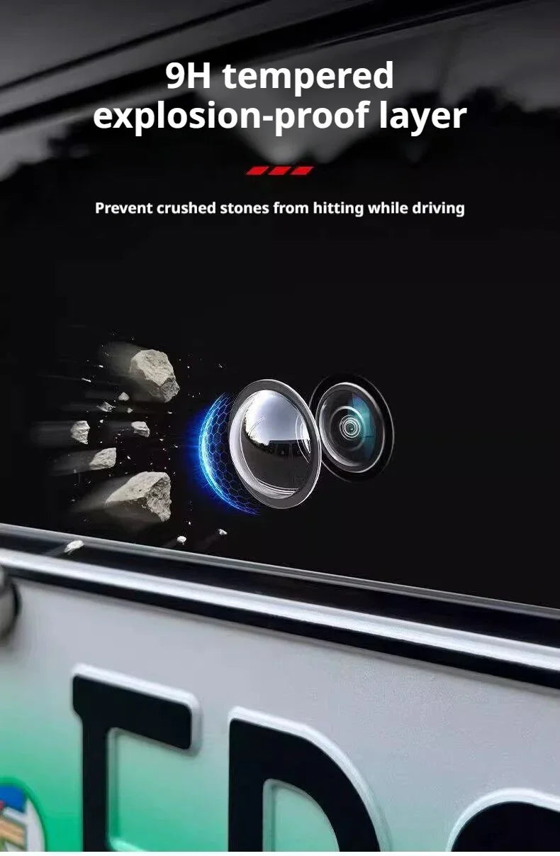Close-up of a car camera lens protector kit featuring a 9H tempered explosion-proof layer designed to prevent crushed stones 