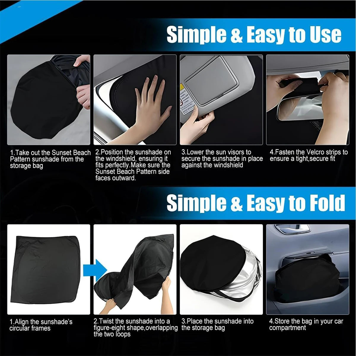 Instructions show how to use and fold a high-density car windshield sunshade set for vehicle protection.