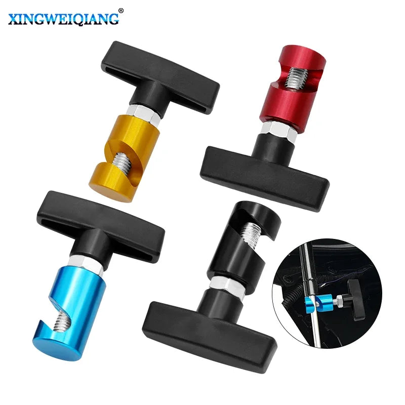 Set of black anti-skid lifting rods for car hoods and trunks in various colors like gold, red, and blue