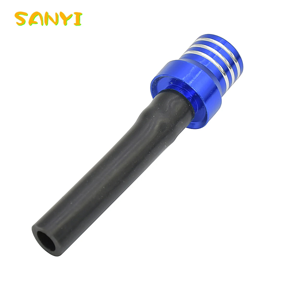 A black fuel vent breather hose with a blue threaded fitting and ribbed end, used for motorcycles.