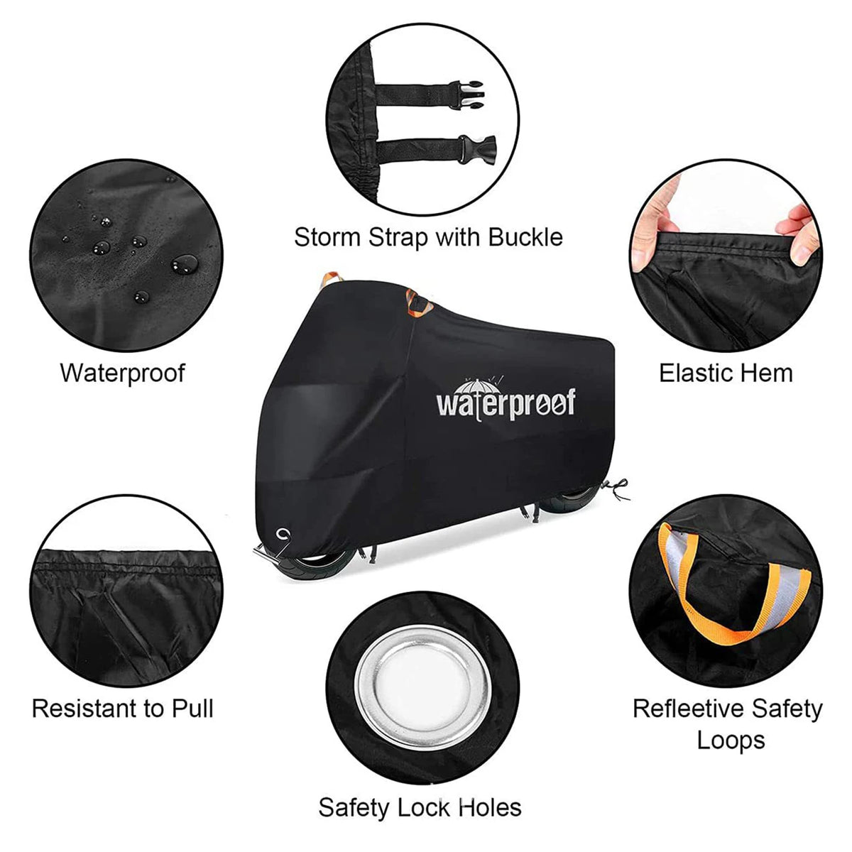 Schwarze wasserdichte Motorradabdeckung mit Sturmstrap, elastischem Saum und Sicherheitsverschlusslöchern.