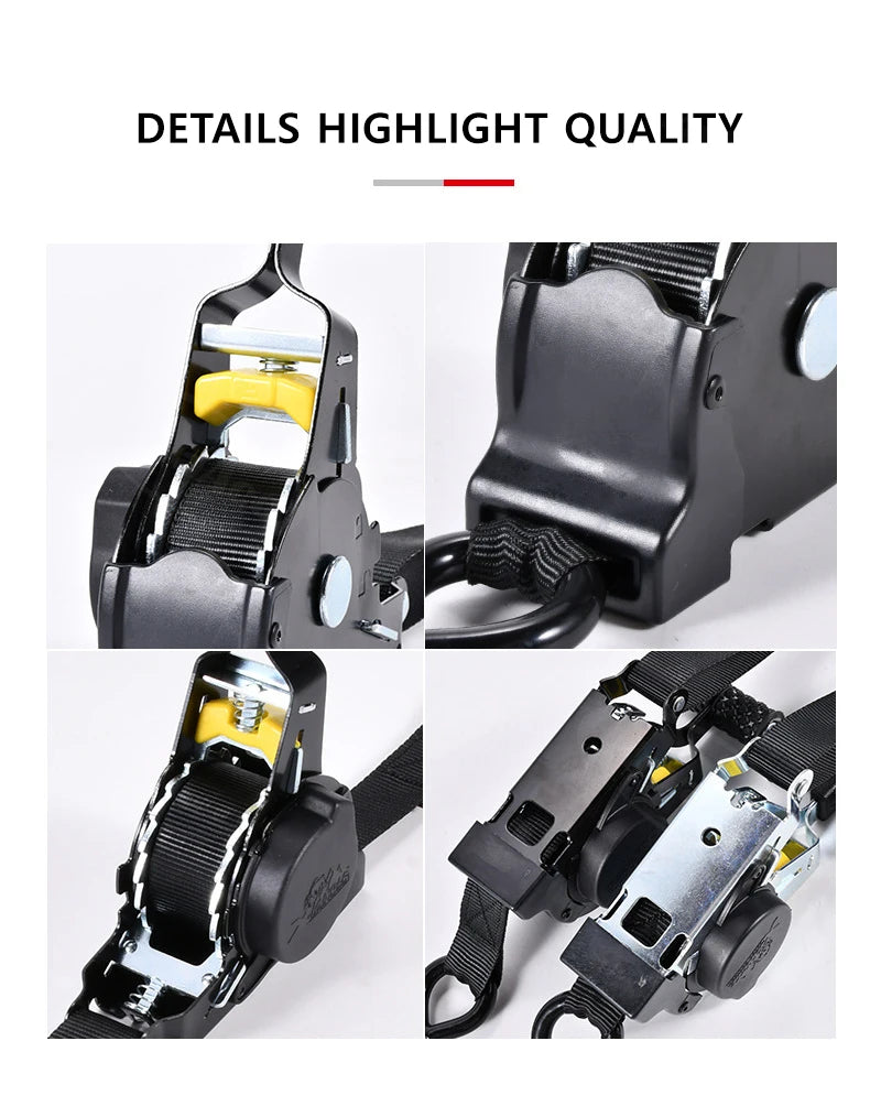 Close-up view of a heavy duty automatic retractable ratchet strap with black and silver components.