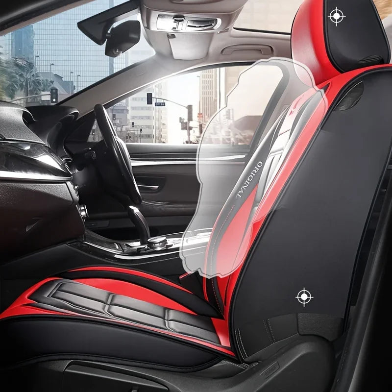 Interior view of a car seat with red and black leather covers installed on the seat and door panel.