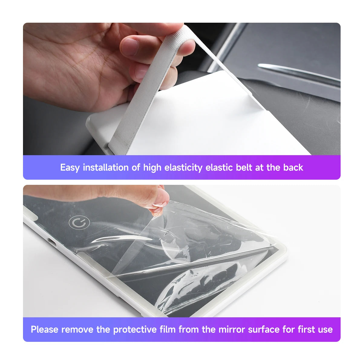 Instructions showing how to install an elastic belt and remove the protective film from an HD touch screen car makeup mirror