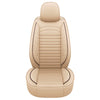 A beige universal PU leather car seat cushion with quilted stitching and a padded headrest.