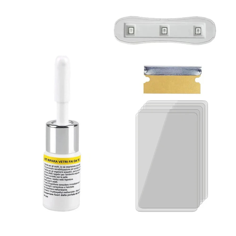 A professional windshield crack repair kit showing a white plastic tool and a clear protective film sheet.