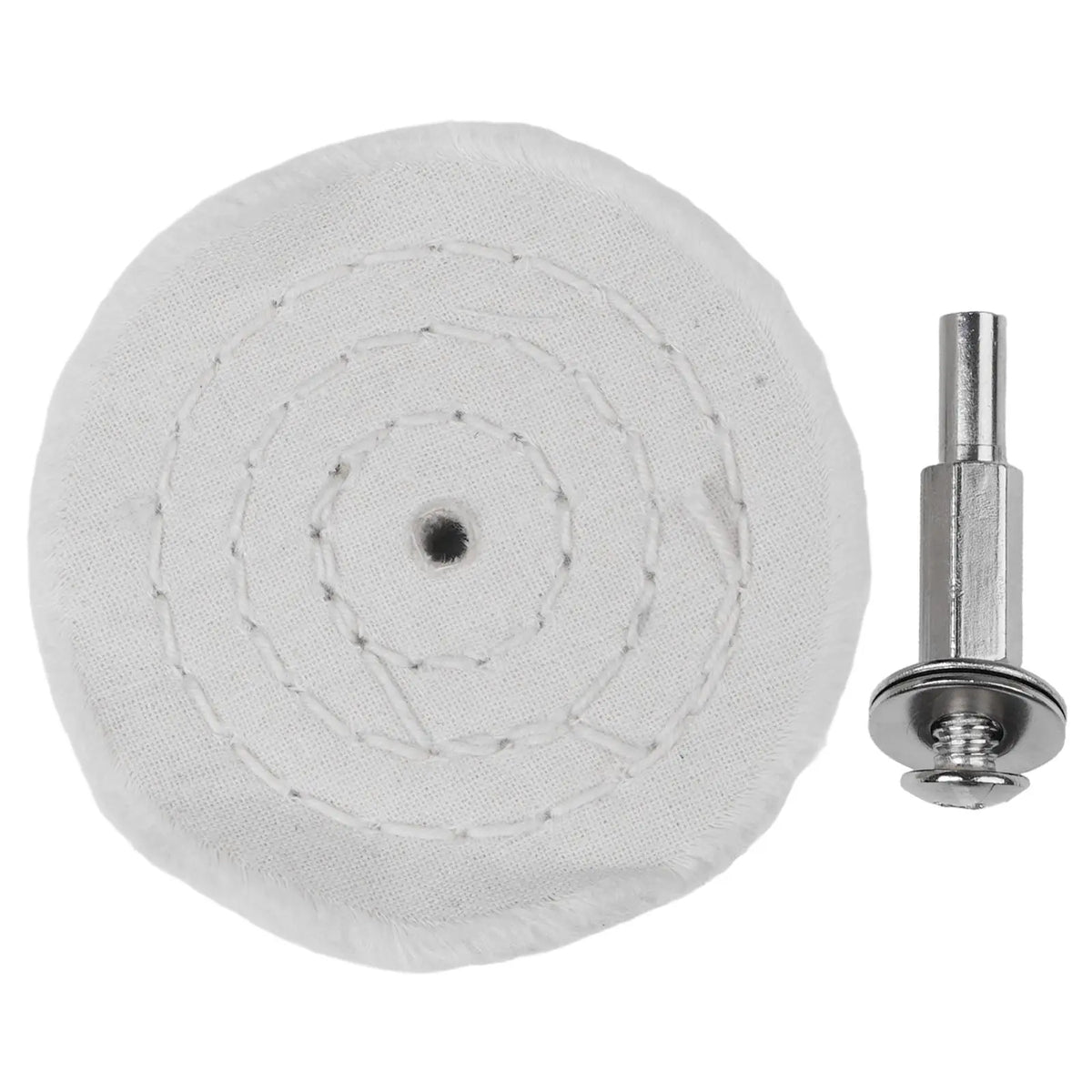 White polishing mop wheel with a metal mounting post for fine buffing