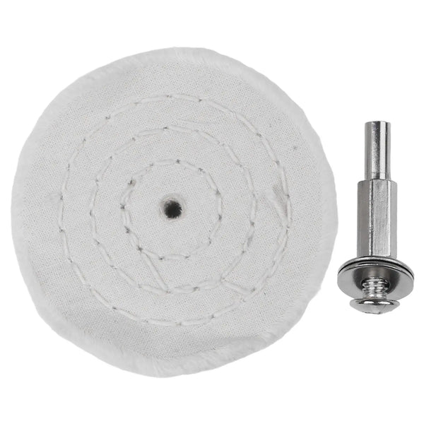 White polishing mop wheel with a metal mounting post for fine buffing