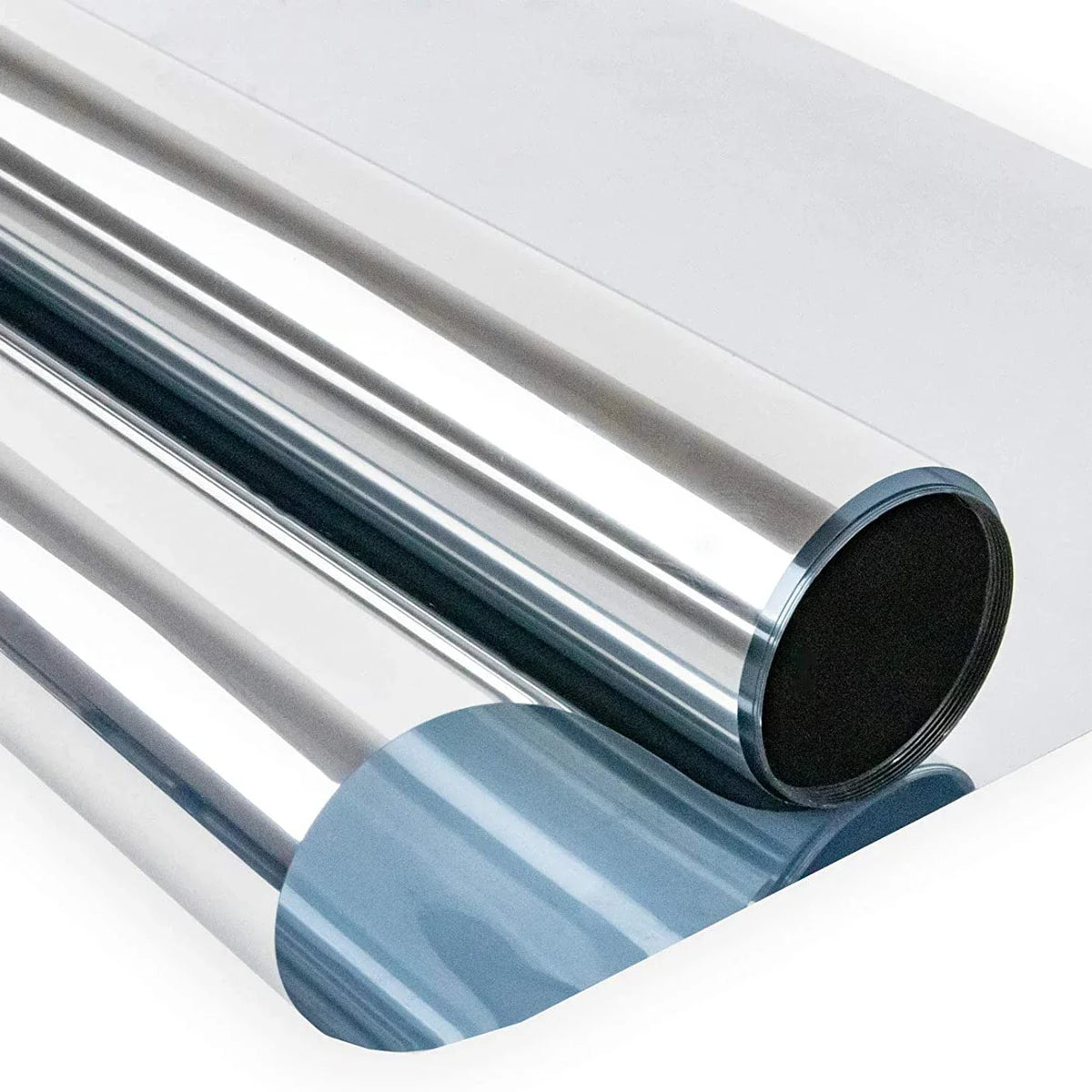 Roll of silver reflective privacy window film with blue marbled tint shown in a cross-section view