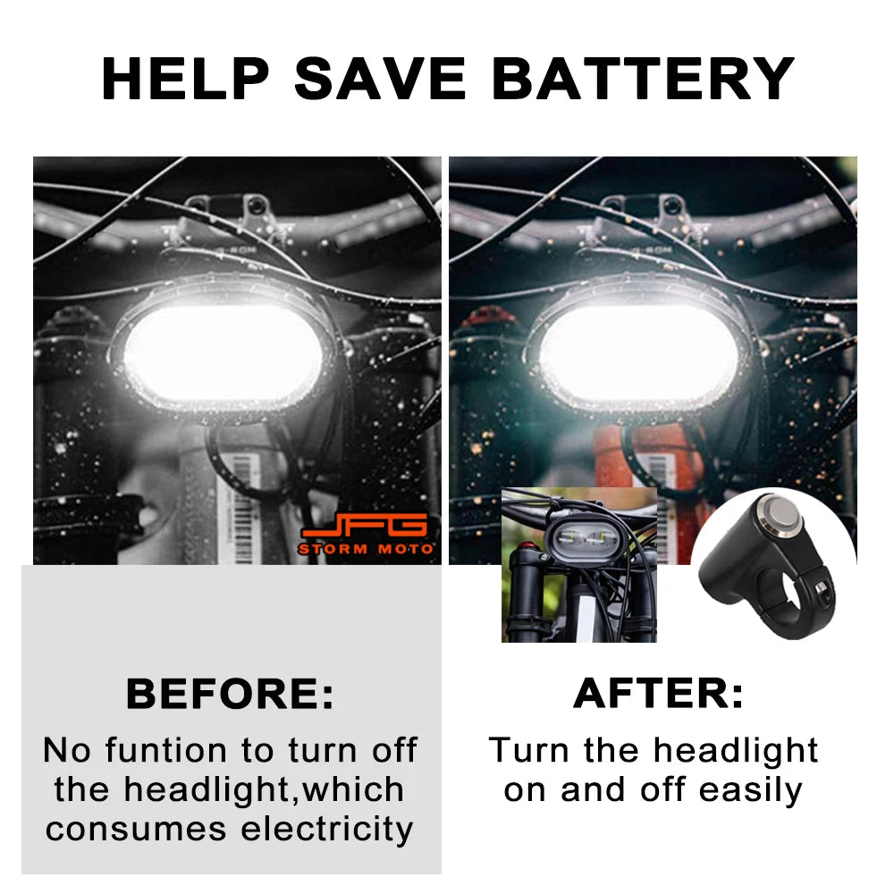 Before and after comparison showing a plug and play headlight kill switch for electric bikes saving battery life