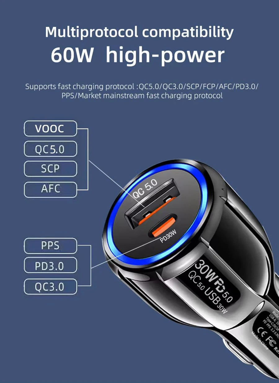 A close-up of a black USB-C car charger displaying support for various fast charging protocols including QC5.0, SCP, AFC, PPS