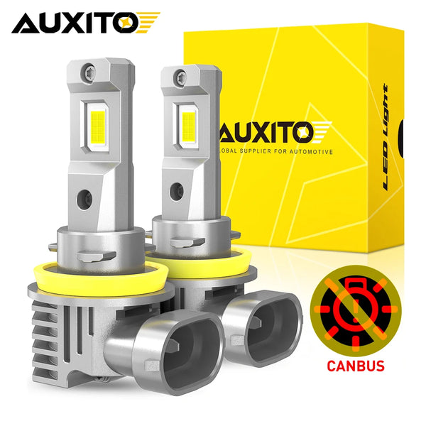 A set of high-performance LED Canbus bulbs and a yellow packaging box for automotive lighting.