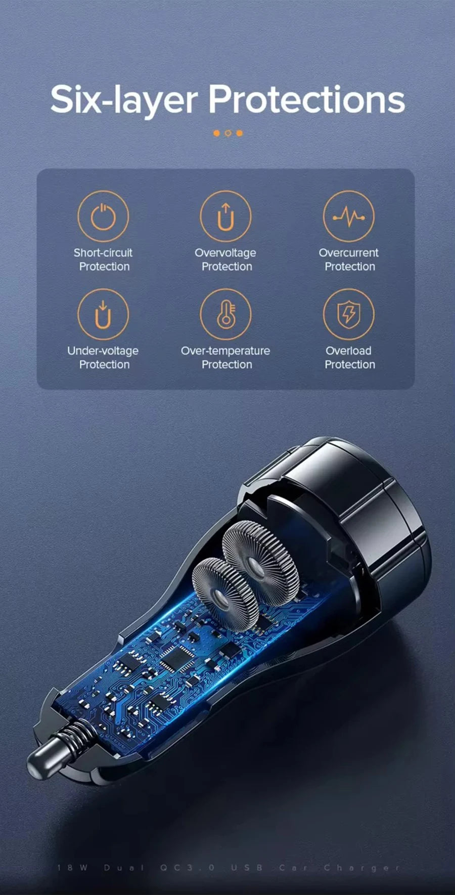 A close-up view of a blue and black dual-port USB-C car charger with six-layer protection features.