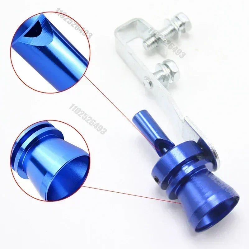 A shiny blue turbo sound whistle component with a metal clip and mounting hardware.