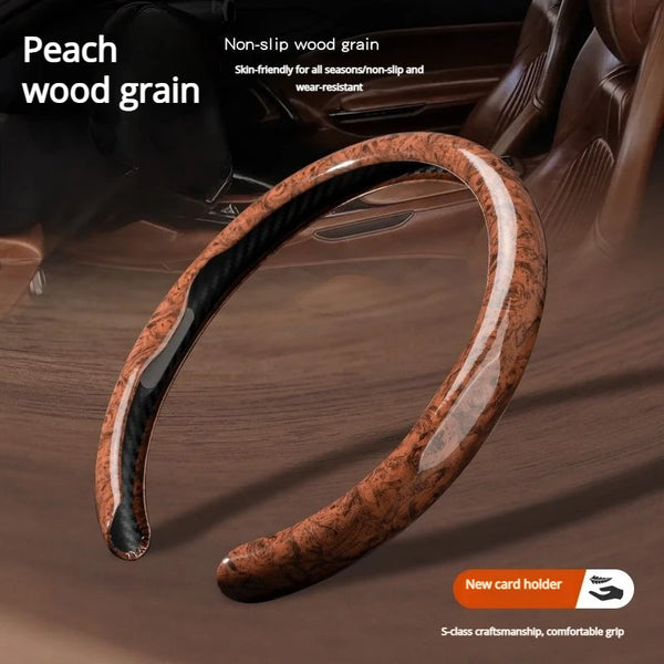 A close-up of a brown peach wood grain anti-slip steering wheel cover being shown in a car interior context.