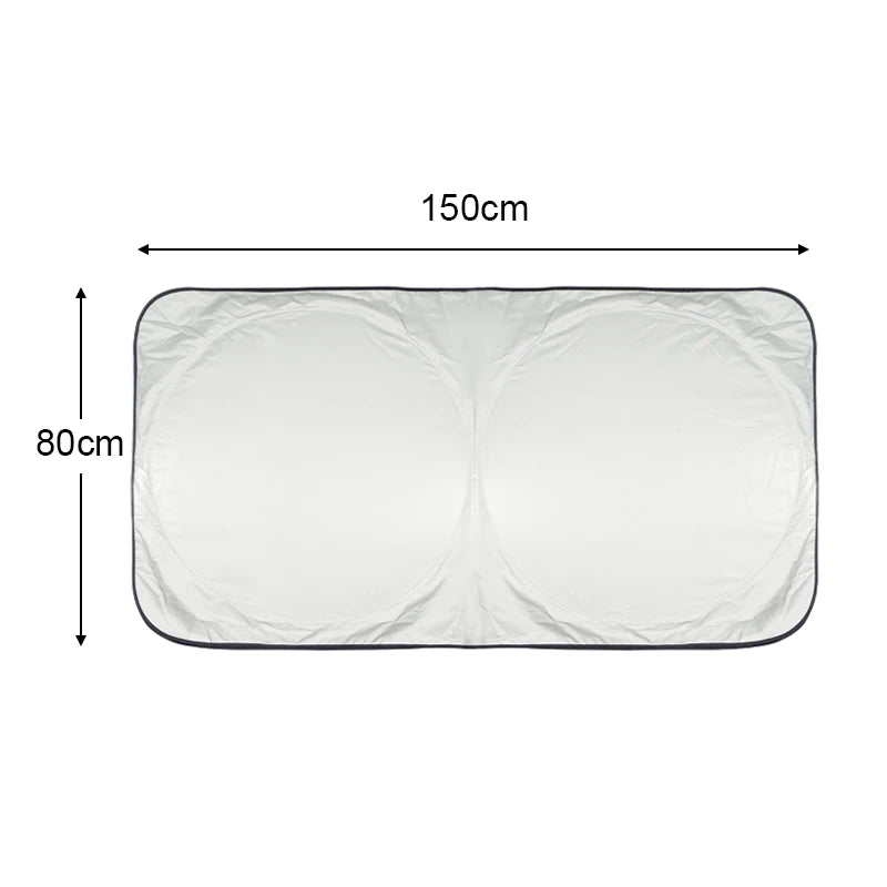 A rectangular folding car sunshade measuring 150cm by 80cm, designed for windshield UV protection.