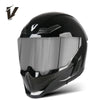 Casco de motocicleta negro DOT aprobado con visor transparente, visto desde el frente.