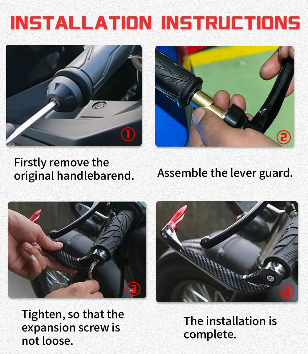 Installation instructions showing the assembly of a lever guard and expansion screw on a motorcycle component.