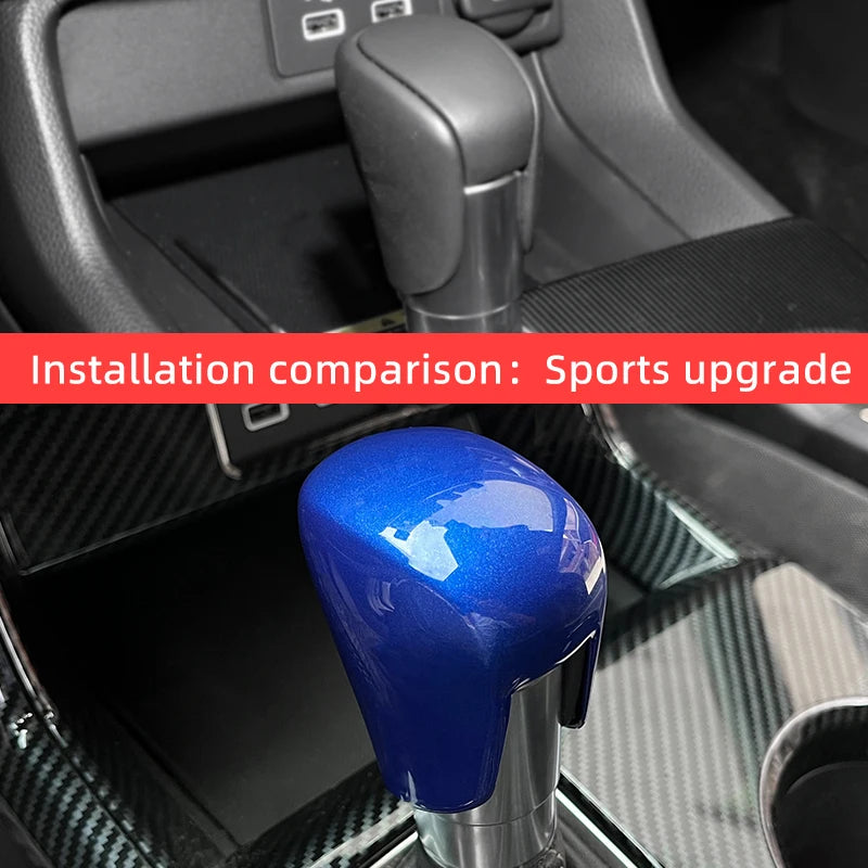 Installation comparison showing a blue sports upgrade knob cover in a car interior gear shift area.