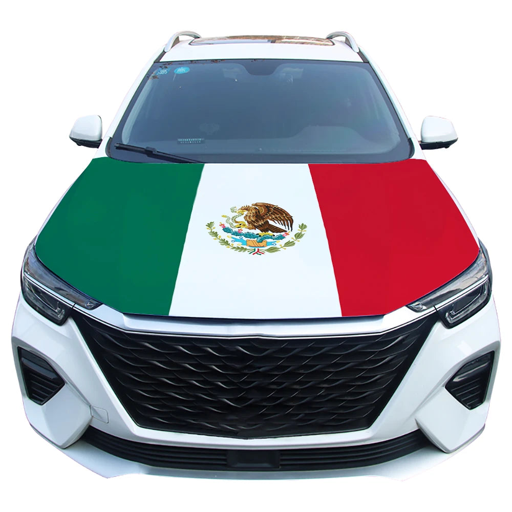 A white car hood covered with the Mexican flag design featuring the national coat of arms.