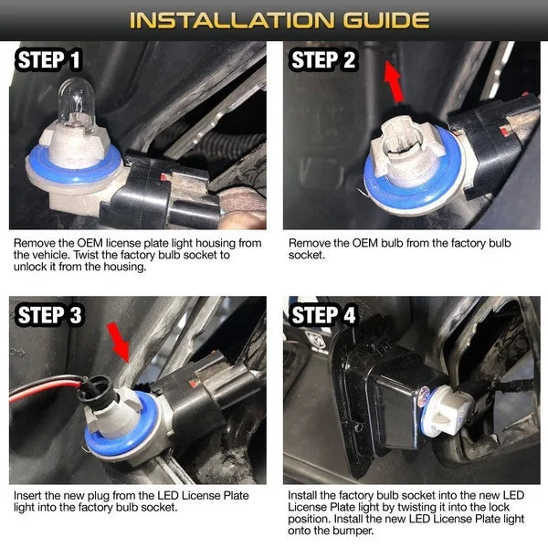 Guide d'installation montrant les étapes pour installer un ensemble de phare de plaque d'immatriculation LED intégré dans un 