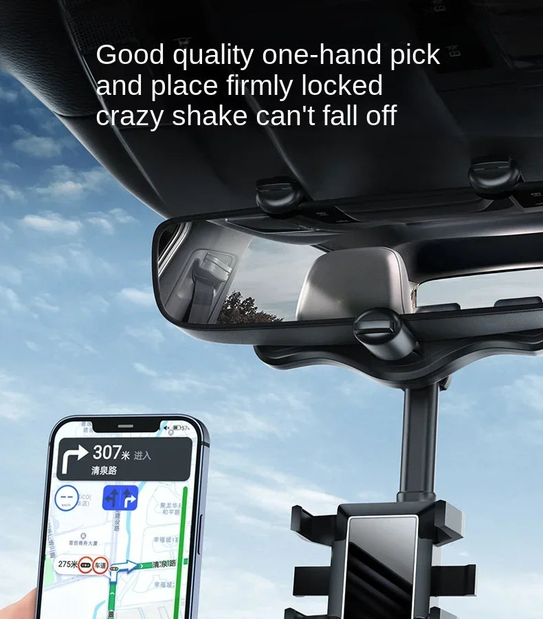 A close-up view of a universal car phone mount with a firmly locked, one-hand pick design mounted on a vehicle's interior rea