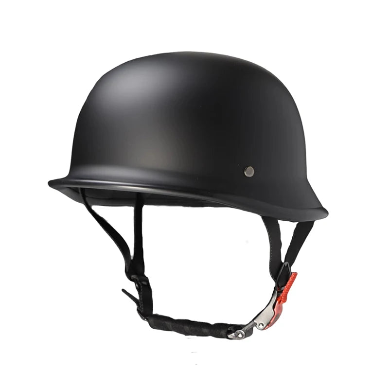 Black universal half-helmet motorcycle and EV safety gear with a black strap visible.