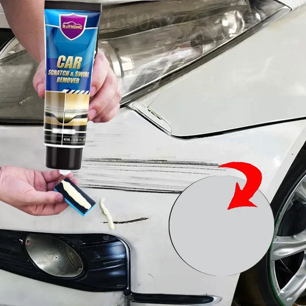 A hand applies Rayhong Car Scratch & Swirl Remover polish to a white car surface.