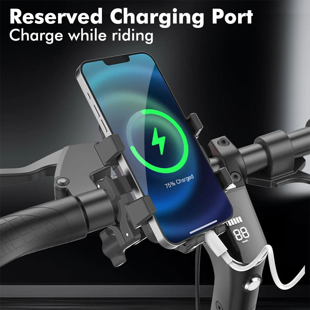 Smartphone am Fahrradlenker montiert mit Lademöglichkeit zum Laden während der Fahrt.