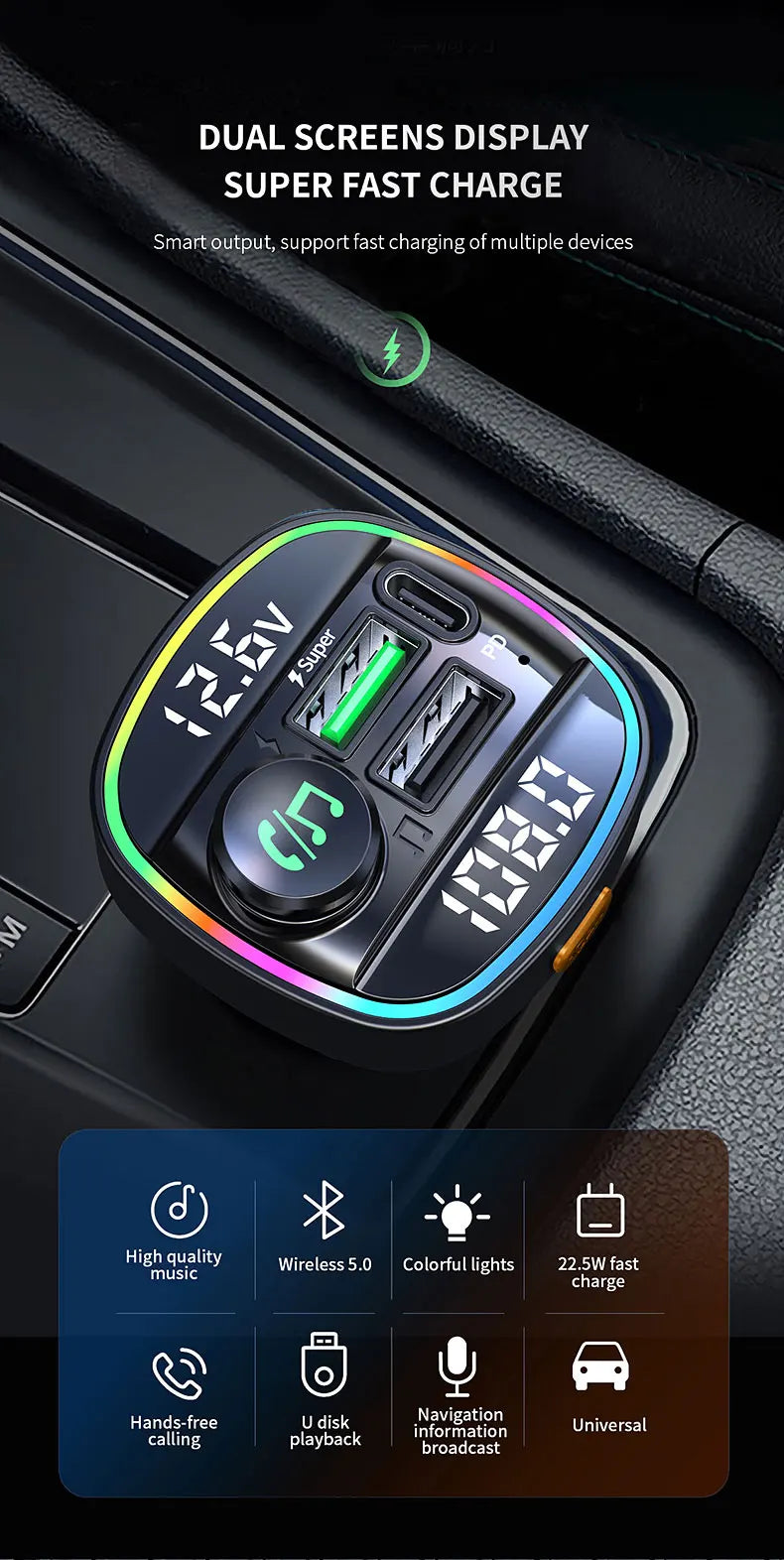 Digitales Auto-Audio-Transmitter mit 12,6V und doppelten Bildschirmen für superschnelles Laden.