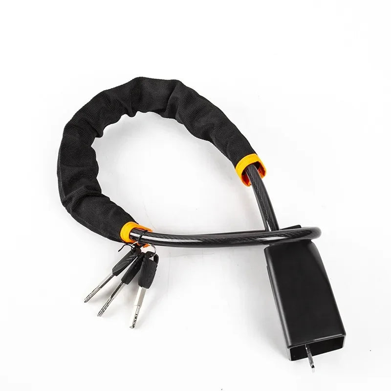 Black universal steering wheel and seatbelt lock with yellow accents