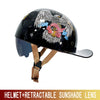 A black motorcycle helmet featuring a white eagle design with red, white, and blue patriotic ribbons and a retractable sungla