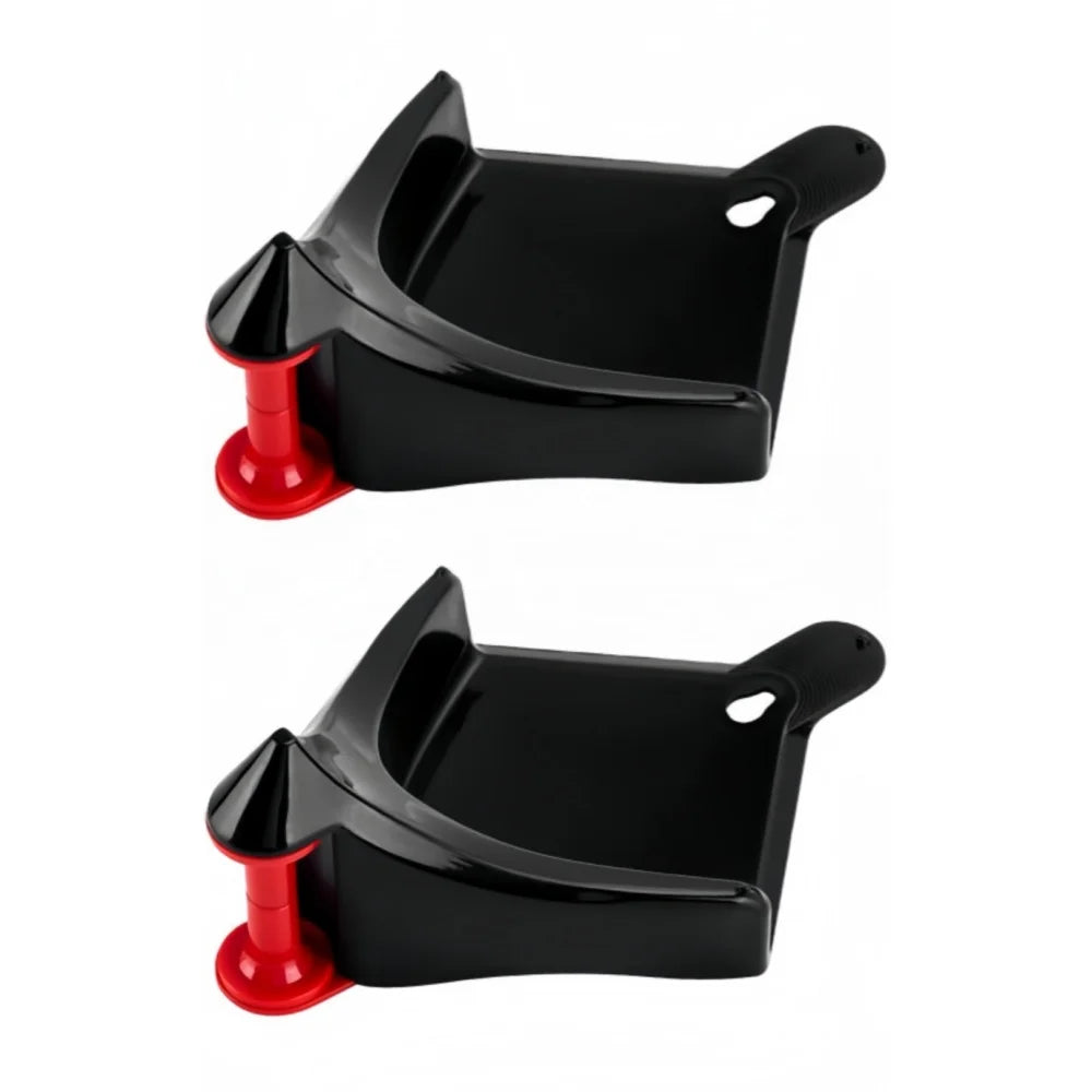 A black car hose slide tire wedge tool with red accents shown from above.