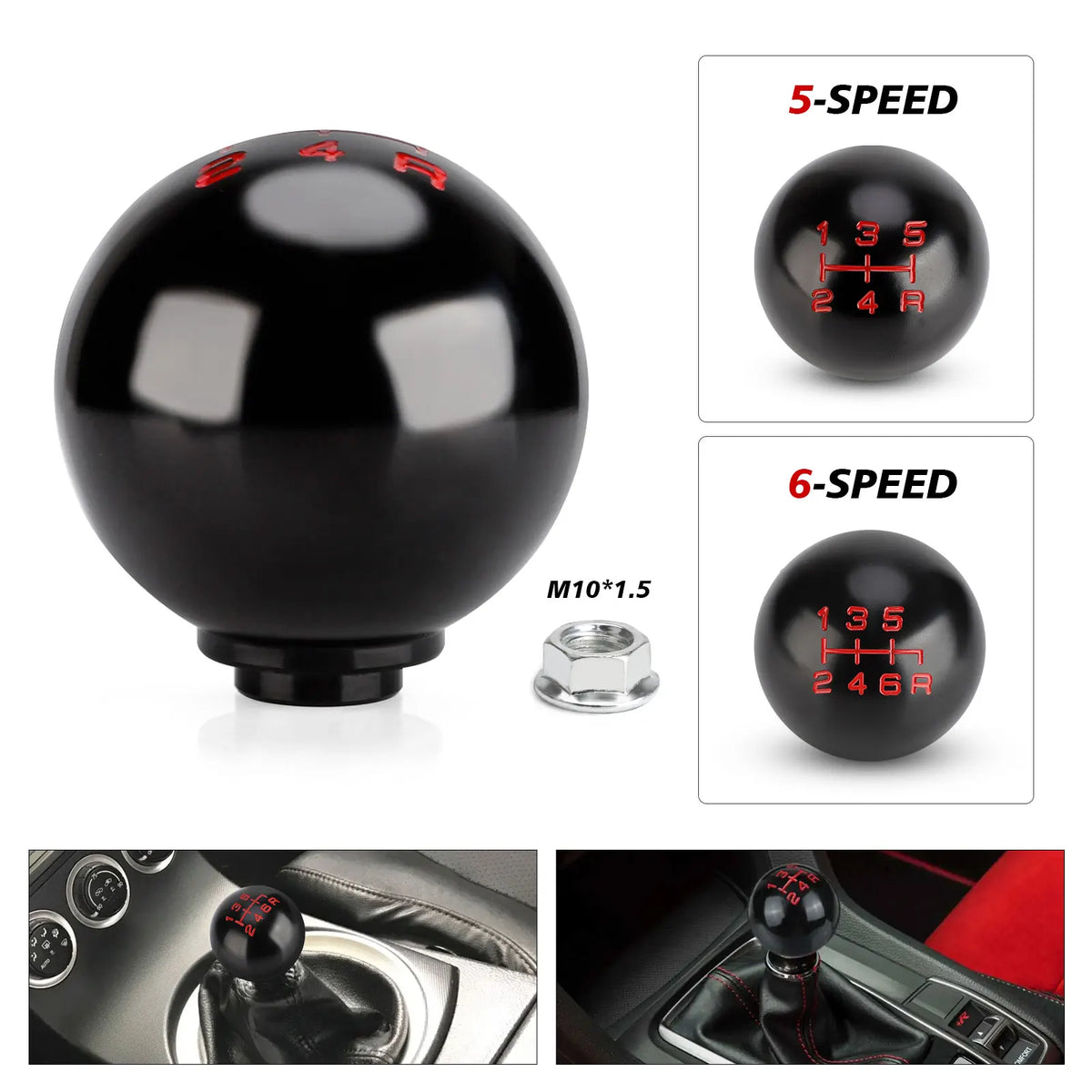 Black aluminum gear shift knob for Honda Civic shown with various speeds and installation views
