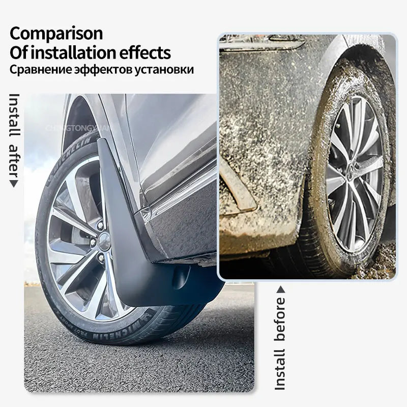 Comparison of installation effects showing a mudflap installed on a car wheel.