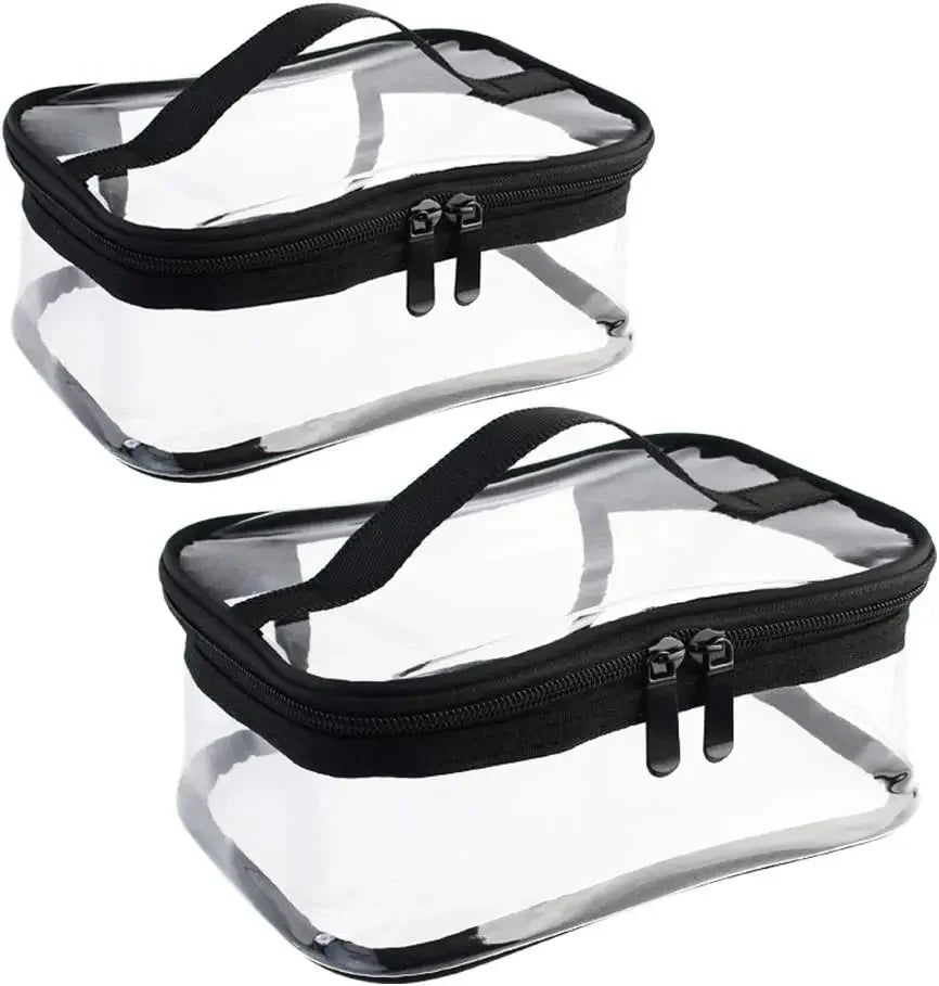 Clear PVC storage pouch with a black zip closure for organizing toys and cosmetics