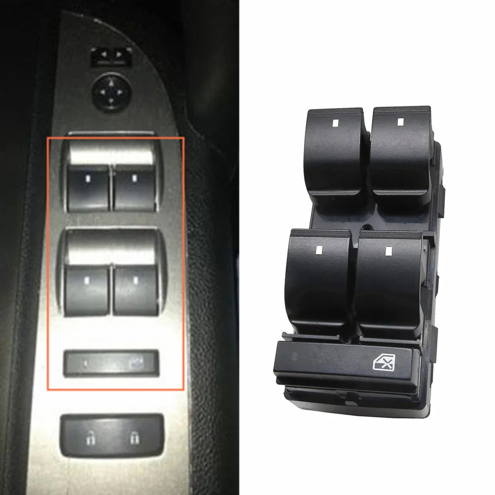 A close-up view of a black power window control switch replacement for vehicles.